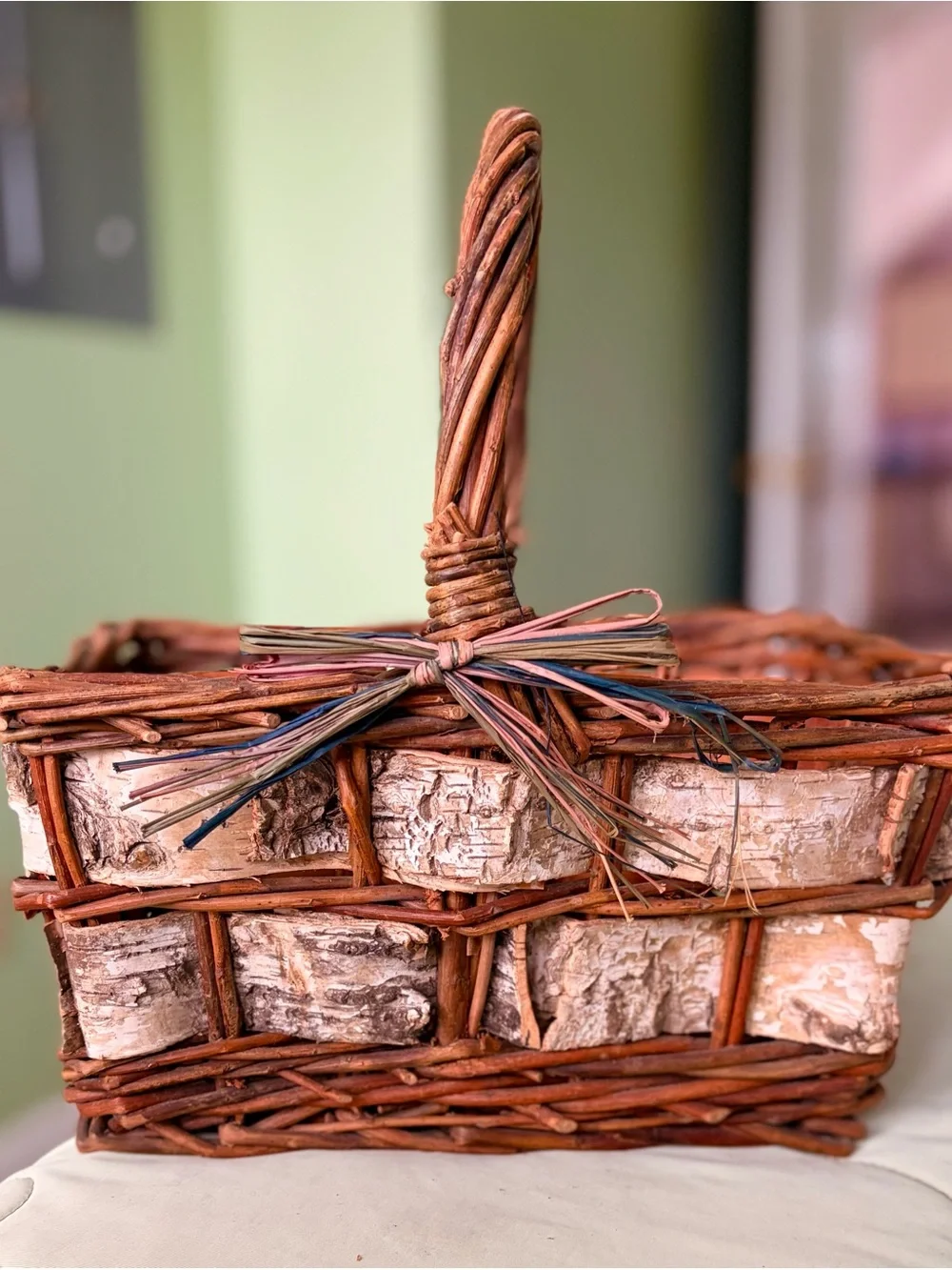 Vintage Handmade Woven Rustic Birch & Wicker Handled Basket - Brown